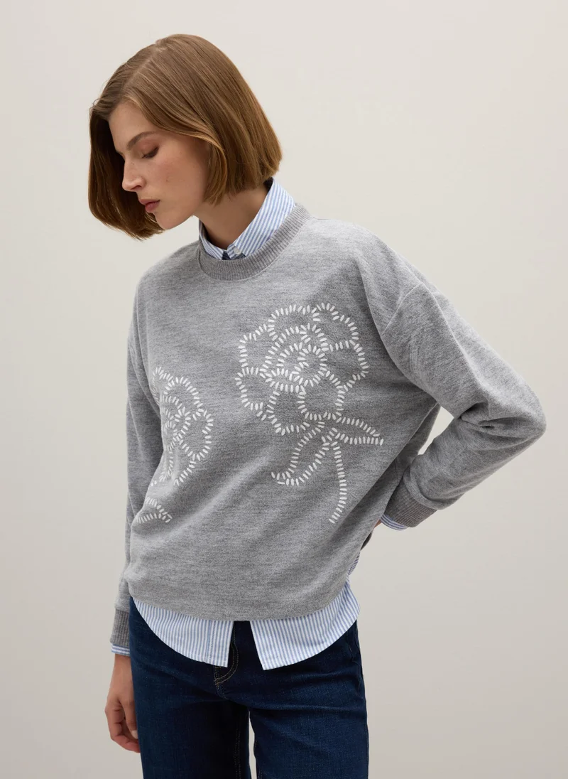 او في اس OVS Grey Regular Fit Jumper With Floral Details